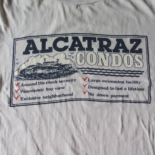 ALCATRAZ CONDOS 1984 Original Vintage thin fabric single stitch white t-shirt funny tees