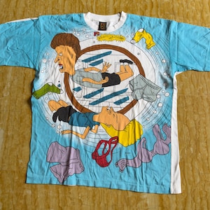 BEAVIS AND BUTTHEAD vintage 80&#39;s single stitch all over print white t-shirt
