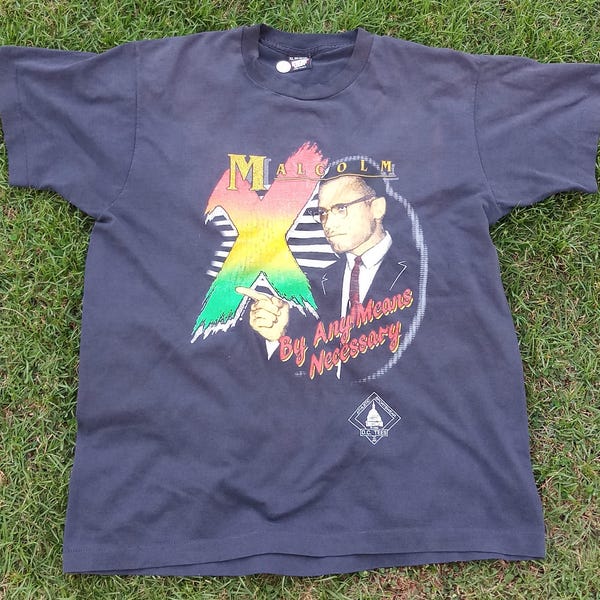 MALCOLM X 90's By Any Means Necessary Original Vintage Black T-shirt Human Rights Black Panthers Nation Of Islam
