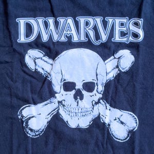 May include: A black t-shirt with a white skull and crossbones graphic and the word "DWARVES" printed above it.