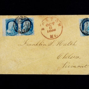 US postal cover, 3-#24&#39;s with nice Boston cancel of Oct. 6 1860 in red on light yellow cover