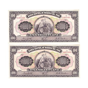May include: Two 100 Soles de Oro banknotes from Peru, issued on 31 March 1949. The banknotes feature a portrait of a woman in a crown, holding a staff and a shield with a coat of arms. The text "Banco Central de Reserva del Peru" is printed at the top of the banknotes.
