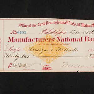 1877 Northern Pennsylvania Rail Road Revenue imprinted check imprint