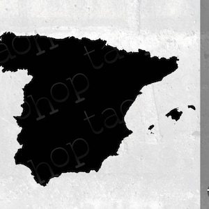 Puede incluir: Una silueta negra de la Península Ibérica, mostrando la forma de España y Portugal. La imagen está sobre un fondo blanco.