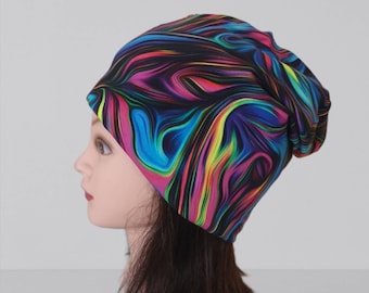 Neon swirl beanie hat|Slouchy beanie hat|Rainbow beanie hat|Extra large beanie hat|Matching hats|Organic cotton|GOTS|Bright beanie|Handmade