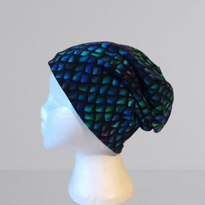 Dragon scale print beanie hat|Slouchy beanie|Black beanie hat|Organic cotton beanie|Extra large beanie hat|Blue beanie|Mens beanie|Women hat