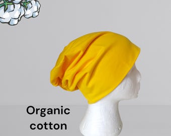 Yellow Organic Cotton Slouchy Beanie Hat | Soft Stretchy Jersey Headwear