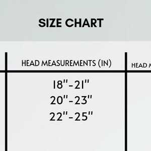 May include: Size chart for headbands, showing headband size in inches and centimeters.  Small: 18-21 inches, 45-53 centimeters. Medium: 20-23 inches, 50-58 centimeters. Large: 22-25 inches, 55-63 centimeters.