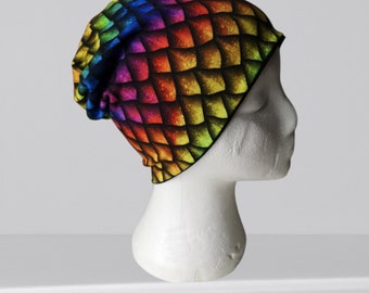 Dragon scale print beanie hat|Slouchy beanie|Black beanie hat|Rainbow cotton beanie|Extra large beanie hat|kids Mens Women's hat|Organic hat