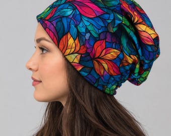 Frosted Glass Flower Print Slouchy Beanie | Handmade Cotton Hat