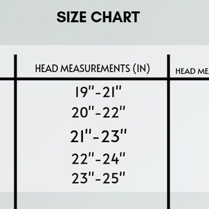 May include: A size chart for headbands, with measurements in inches and centimeters. Sizes range from XS to XL, with corresponding head measurements from 19"-25" (48-63 cm). The chart is on a white background with black text.