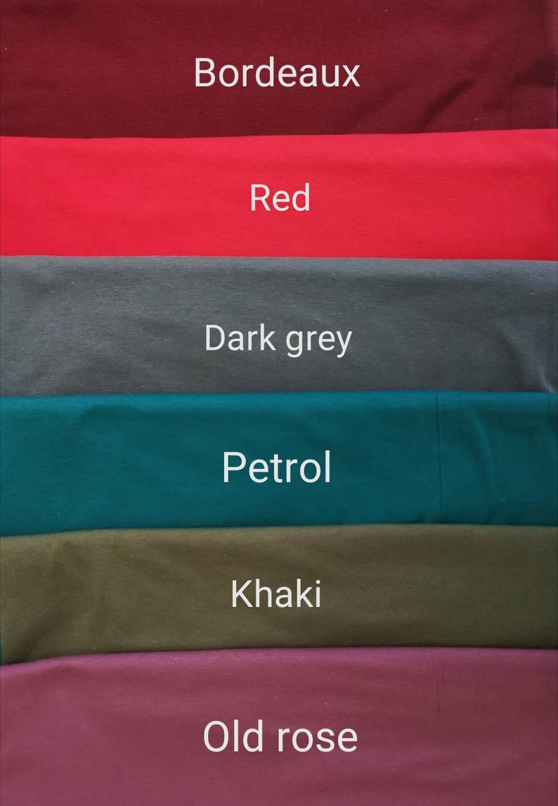 May include: A color palette featuring fabric swatches in shades of Bordeaux, Red, Dark grey, Petrol, Khaki, and Old rose. Each swatch is labeled with its corresponding color name in white text.