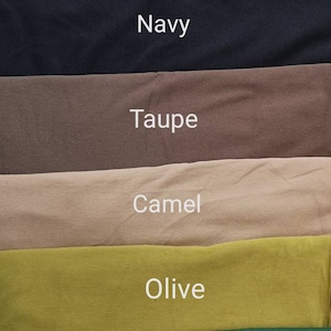 May include: A fabric swatch image showcasing various colors. The colors include black, navy, taupe, camel, olive, and bottle green. Each color is labeled with its name in white text, providing a clear visual reference for each shade.