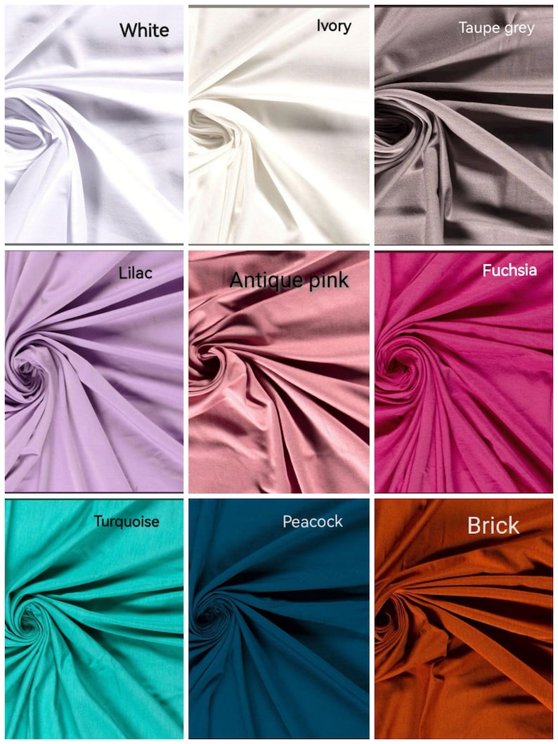 May include: Nine fabric swatches in various colors, including white, ivory, taupe grey, lilac, antique pink, fuchsia, turquoise, peacock, and brick. Each swatch is labeled with its color name.