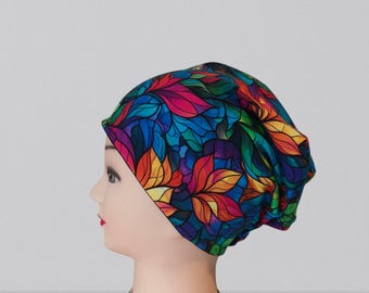 Frosted Glass Flower Print Slouchy Beanie | Handmade Cotton Hat