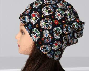 Sugar skulls beanie hat|Slouchy beanie hat|Black beanie hat|Organic cotton beanie|Extra large beanie hat|Halloween hat|Reversible|Handmade|