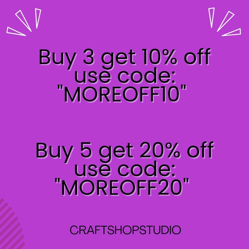 May include: A purple graphic with white text offering discounts: "Buy 3 get 10% off use code: MOREOFF10" and "Buy 5 get 20% off use code: MOREOFF20". The text is in a bold, sans-serif font. The shop name "CRAFTSHOPSTUDIO" is at the bottom.