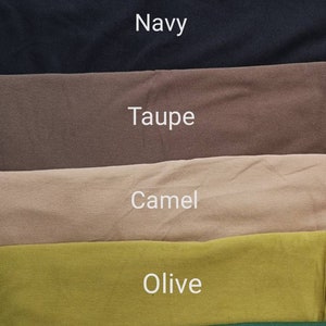 May include: A fabric swatch image showcasing various colors. The colors include black, navy, taupe, camel, olive, and bottle green. Each color is labeled with its name in white text, providing a clear visual reference for each shade.