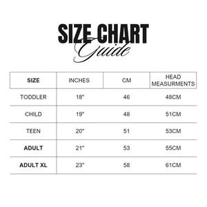 May include: A size chart guide with the text "SIZE CHART Guide" at the top. The chart lists sizes from toddler to adult XL, with corresponding measurements in inches (18" to 23") and centimeters (46cm to 58cm), and head measurements in centimeters (48cm to 61cm).