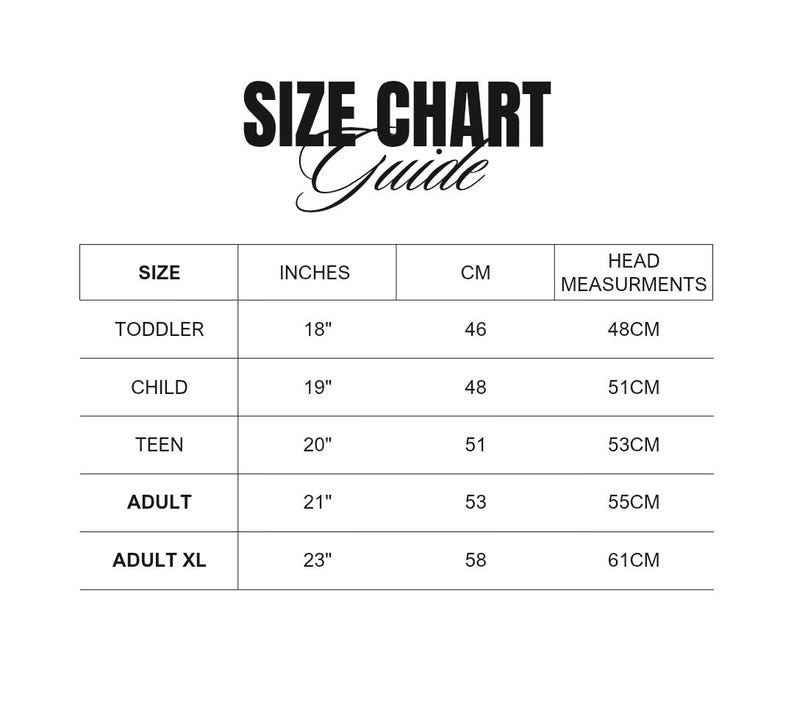 May include: A size chart guide with the text "SIZE CHART Guide" at the top. The chart lists sizes from toddler to adult XL, with corresponding measurements in inches (18" to 23") and centimeters (46cm to 58cm), and head measurements in centimeters (48cm to 61cm).