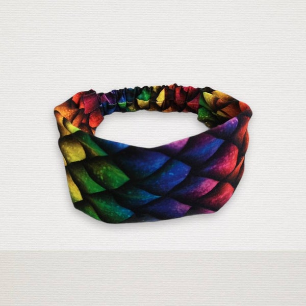Dragon scale headband with elastic band|Cotton jersey hairband|Rainbow print hairband|Stretchy cotton headband|Extra large headband|Handmade