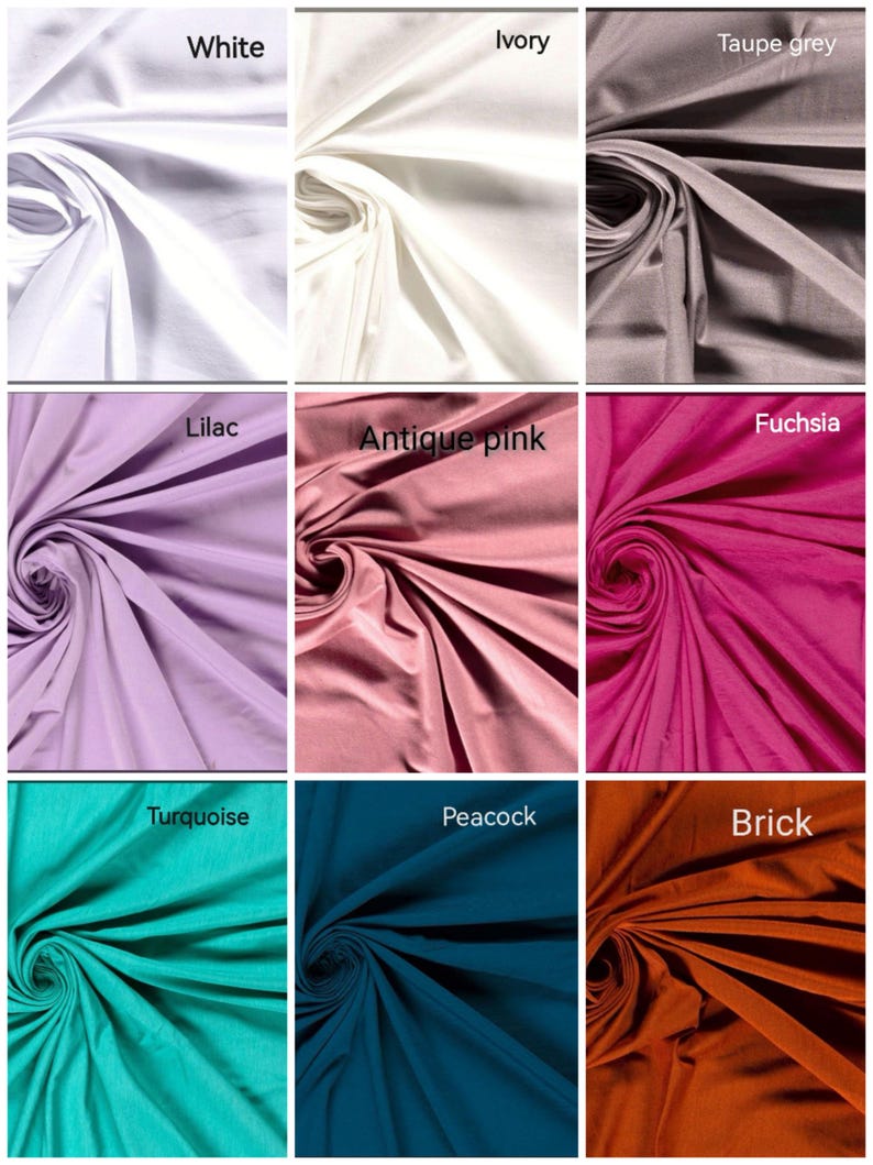 May include: Nine fabric swatches in various colors, including white, ivory, taupe grey, lilac, antique pink, fuchsia, turquoise, peacock, and brick. Each swatch is labeled with its color name.