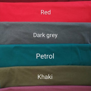 May include: A color palette featuring fabric swatches in shades of Bordeaux, Red, Dark grey, Petrol, Khaki, and Old rose. Each swatch is labeled with its respective color name in white text.