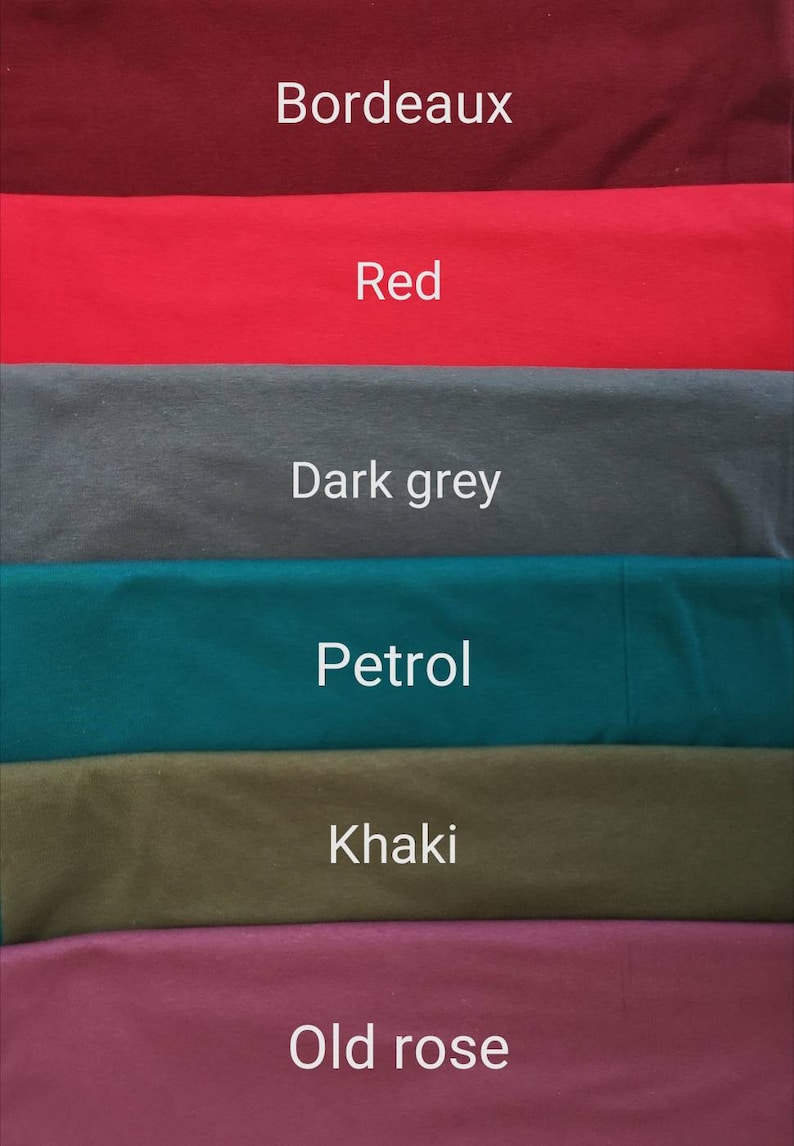May include: A color palette featuring fabric swatches in shades of Bordeaux, Red, Dark grey, Petrol, Khaki, and Old rose. Each swatch is labeled with its respective color name in white text.