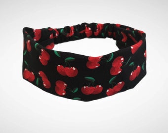 Cherry print headband|Stretchy cotton headband|Soft hairband|Yoga band|Rockabilly style hairband|Black headband|Sports headband|Handmade