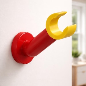 Puede incluir: Un gancho de pared rojo y amarillo, diseñado para parecerse a un gran bloque de construcción. El gancho está montado en una pared blanca, con una base roja circular y un brazo rojo cilíndrico que termina en un gancho amarillo curvado. Diseño lúdico.