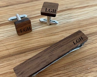 Personalized Black Walnut Wood Cuff Links + Tie Clip Set | Groomsmen Gift | Bridal Party | Rustic Wedding | Handmade in USA