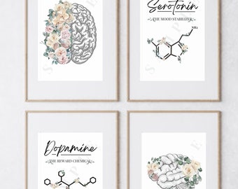 Floral Brain Chemistry Art Print Set, Psychology Decor (Digital Download)
