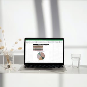 Op de afbeelding: Een laptop met een spreadsheet geopend op het scherm. De spreadsheet bevat een cirkeldiagram met verschillende gekleurde secties. De laptop staat op een wit bureau met een glas water en een vaas met gedroogde bloemen.