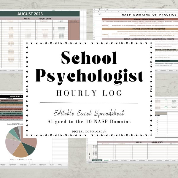 School Psychologist Hourly Log | NASP Domains | Excel Spreadsheet | Automatically Calculates | Daily | Monthly | Weekly | Hour Breakdown