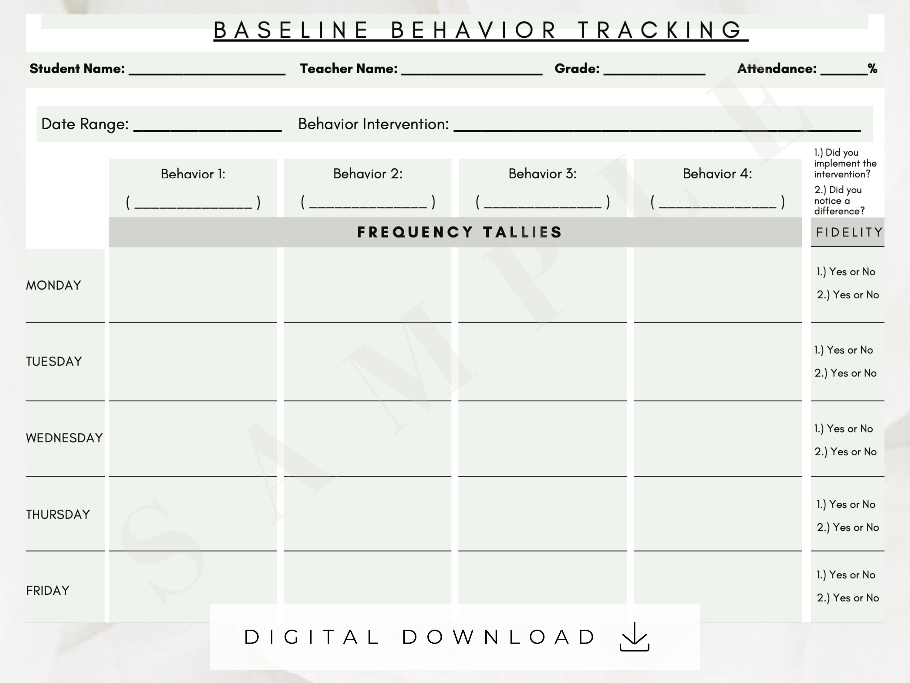 Baseline Behavior Data Tracking Sheets | Printable PDF | Fidelity Check ...