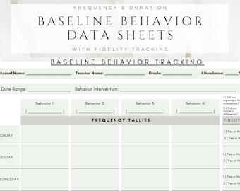 Baseline Behavior Data Tracking Sheets | Printable PDF | Fidelity Check Tracker | School Psychologist | Student | Teacher | Digital Download