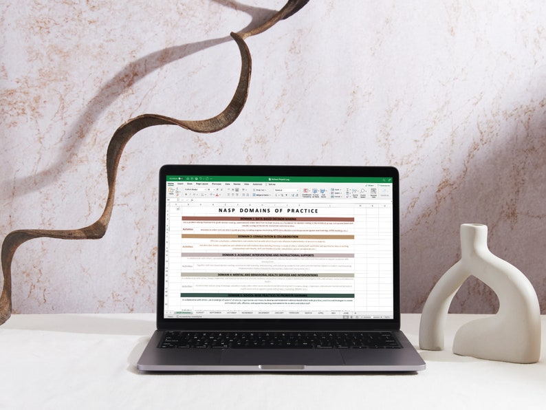 Op de afbeelding: Een laptopcomputer die een spreadsheet toont met de titel "NASSP Domains of Practice". De spreadsheet is verdeeld in secties met verschillende gekleurde achtergronden. De laptop staat op een wit oppervlak met een witte vaas rechts.