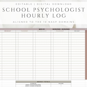 Puede incluir: Un registro horario imprimible para psicólogos escolares, alineado con los 10 dominios de NASP. El registro incluye columnas para de lunes a viernes, fin de semana y totales semanales. El registro está diseñado para ayudar a los psicólogos escolares a llevar un registro de su tiempo y asegurarse de que están satisfaciendo las necesidades de sus estudiantes.