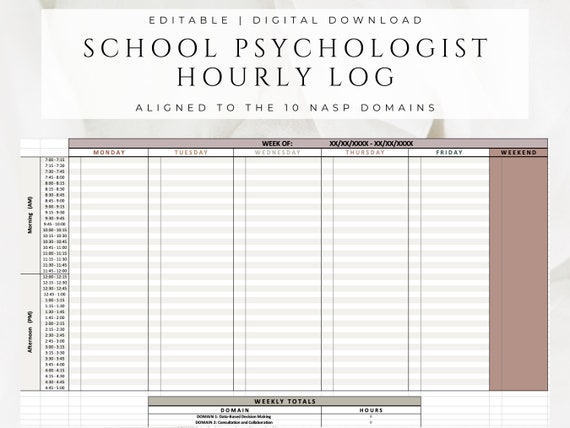 School Psychologist Hourly Log | NASP Domains | Excel Spreadsheet | Automatically Calculates | Daily | Monthly | Weekly | Hour Breakdown