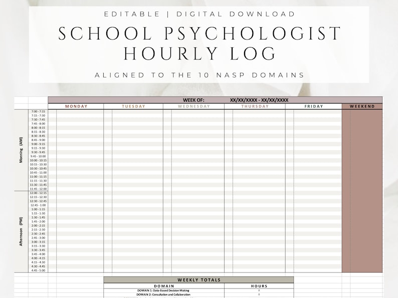Op de afbeelding: Een afdrukbaar uurlogboek voor schoolpsychologen, afgestemd op de 10 NASP-domeinen. Het logboek bevat kolommen voor maandag tot en met vrijdag, weekend en wekelijkse totalen. Het logboek is ontworpen om schoolpsychologen te helpen hun tijd bij te houden en ervoor te zorgen dat ze voldoen aan de behoeften van hun leerlingen.