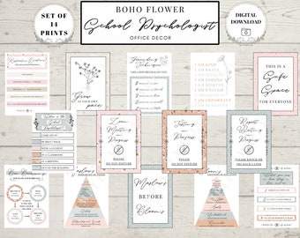 Stampe decorative in stile boho per l'ufficio di uno psicologo scolastico / Tecniche di mindfulness (download digitale)