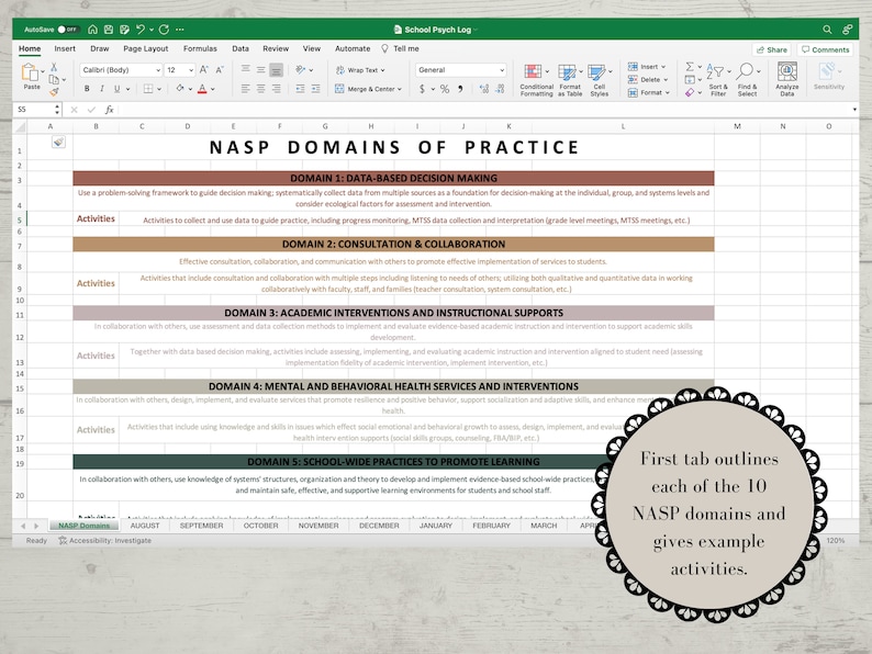 School Psychologist Hourly Log NASP Domains Excel Spreadsheet