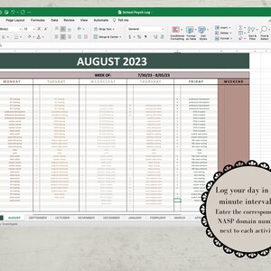 Op de afbeelding: Een spreadsheet met een groene en bruine kop die "AUGUST 2023" zegt. De spreadsheet is verdeeld in kolommen voor elke dag van de week, met rijen voor 15 minuten intervallen. De spreadsheet is ontworpen om schoolpsychologen te helpen hun dag in 15 minuten intervallen te loggen en het overeenkomstige NASP-domeinnummer naast elke activiteit in te voeren.