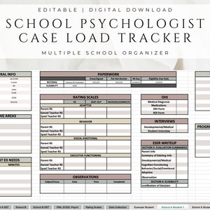 School Psychologist Caseload Spreadsheet | MULTIPLE SCHOOLS | Editable Excel | Student Info Tracker | Digital Download | Case Manage | Sped