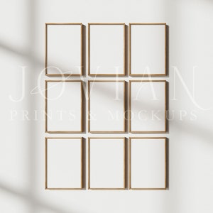 9 Frame Mockup Set for Gallery Wall Art Display, Soft Light Modern Mock Up, Wood Frame Printable Poster Mockup Bundle, PSD