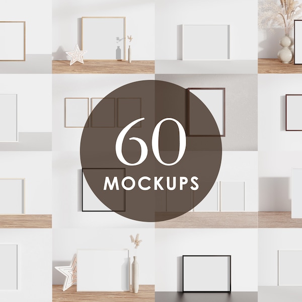 60 Minimalist Wooden PNG Frame Mockup Bundle, Natural Wood Square Vertical Horizontal Frames, Single Frame Art Display Mock up, Digital Art