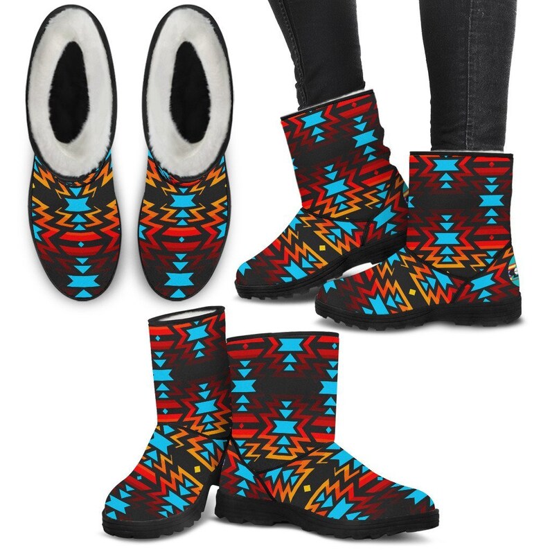 Black Fire and Turquoise Faux Fur Boots