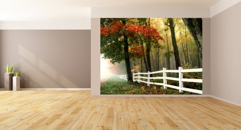 Wall Art White Fence Landscape Photo Wallpaper HUGE Peel and Stick