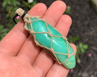 Chrysoprase - Macrame Hemp-Wrapped Healing Crystal Necklace