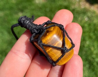 Tigers Eye - Macrame Hemp-Wrapped (black) Healing Crystal Necklace